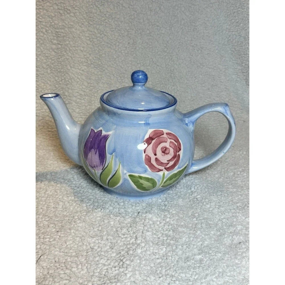 COOK'S CLUB CERAMIC BLUE TEAPOT WITH FLORAL DESIGNS